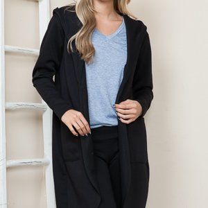BRUSH HOODED OPEN CARDIGAN WITH SIDE POCKETS